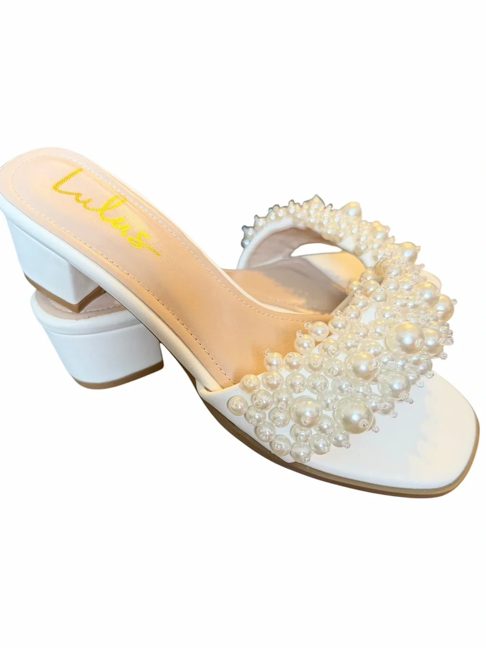 Lulus Adelaide Pearl EmbellishWhite Bridal Heels Size 7.5 NIB Block Heel Sandals - Picture 2 of 5